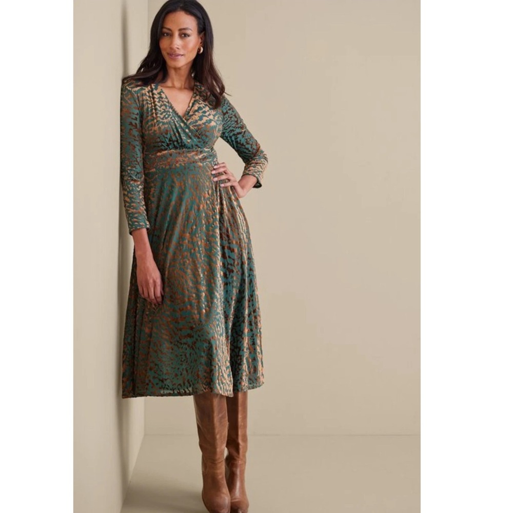 Soft Surroundings Midi Wrap Dress 1X‎ Velvet Green Brown Holidays Long Sleeve